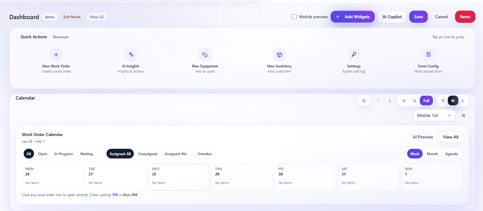 Dashboard view showing quick actions and calendar widgets